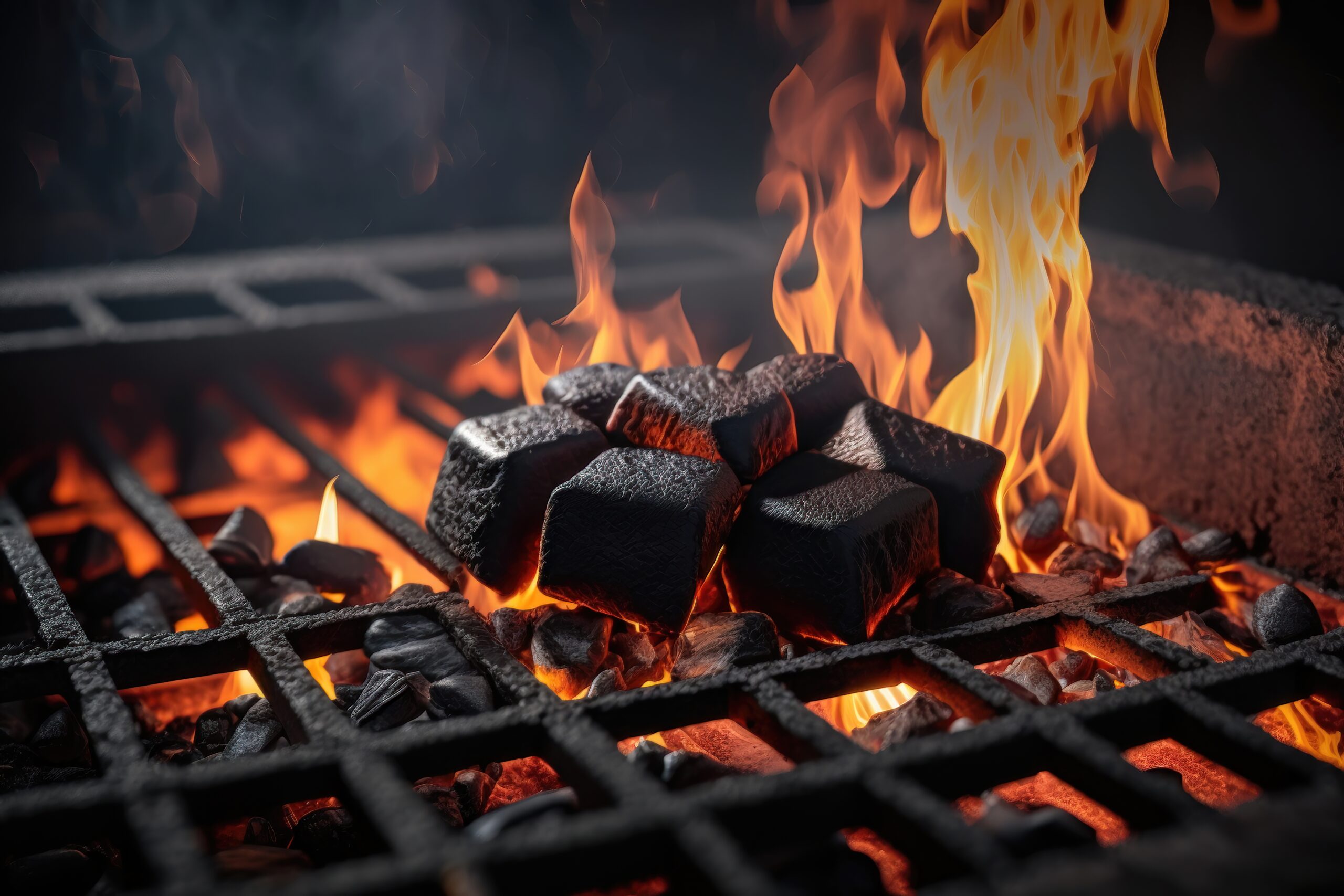 Top View Of Hot Flaming Charcoal Briquettes Glowing In The BBQ Grill Pit. AI Generation